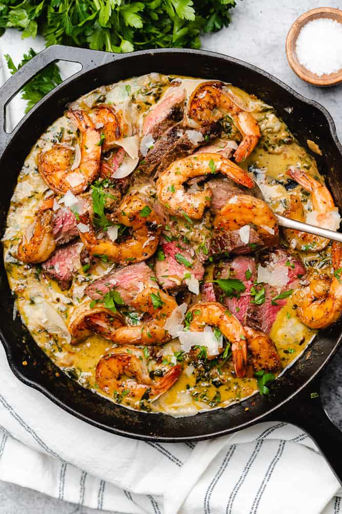 Steak and Seafood Skillet with Parmesan Cream Sauce - A Full Living