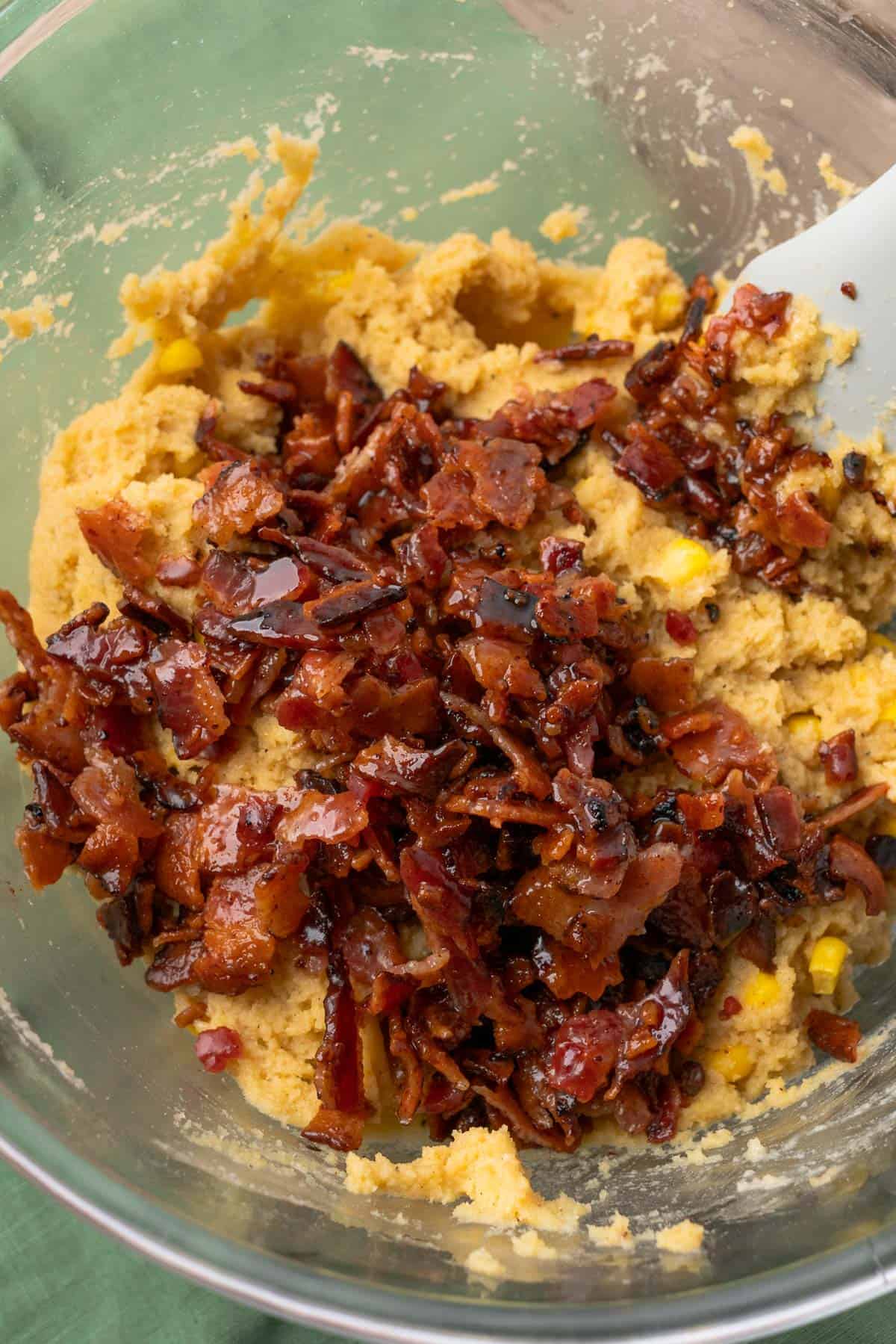brown butter cornbread batter with bacon 