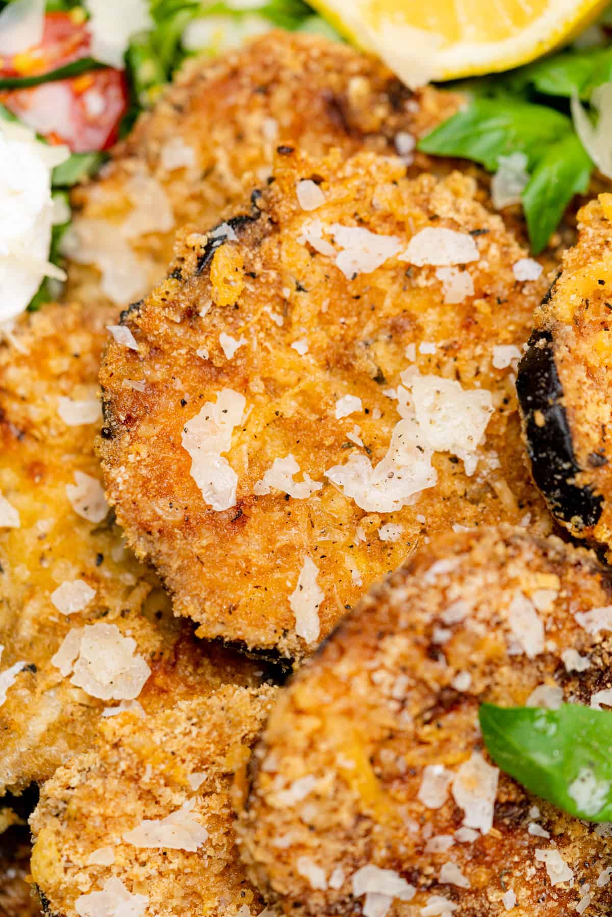 close up shot of eggplant milanese with parmesan cheese on top 