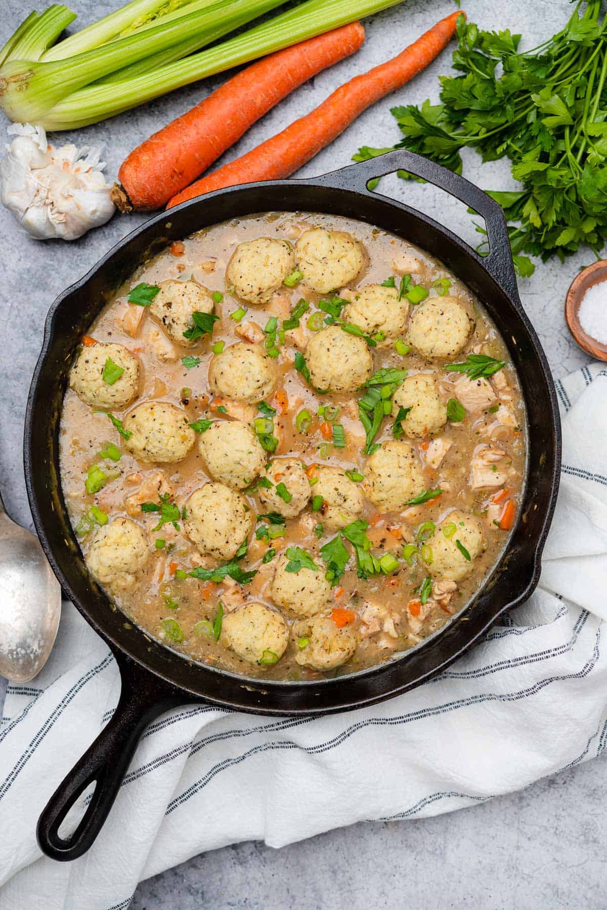 keto chicken and dumplings with parsley carrots and celery