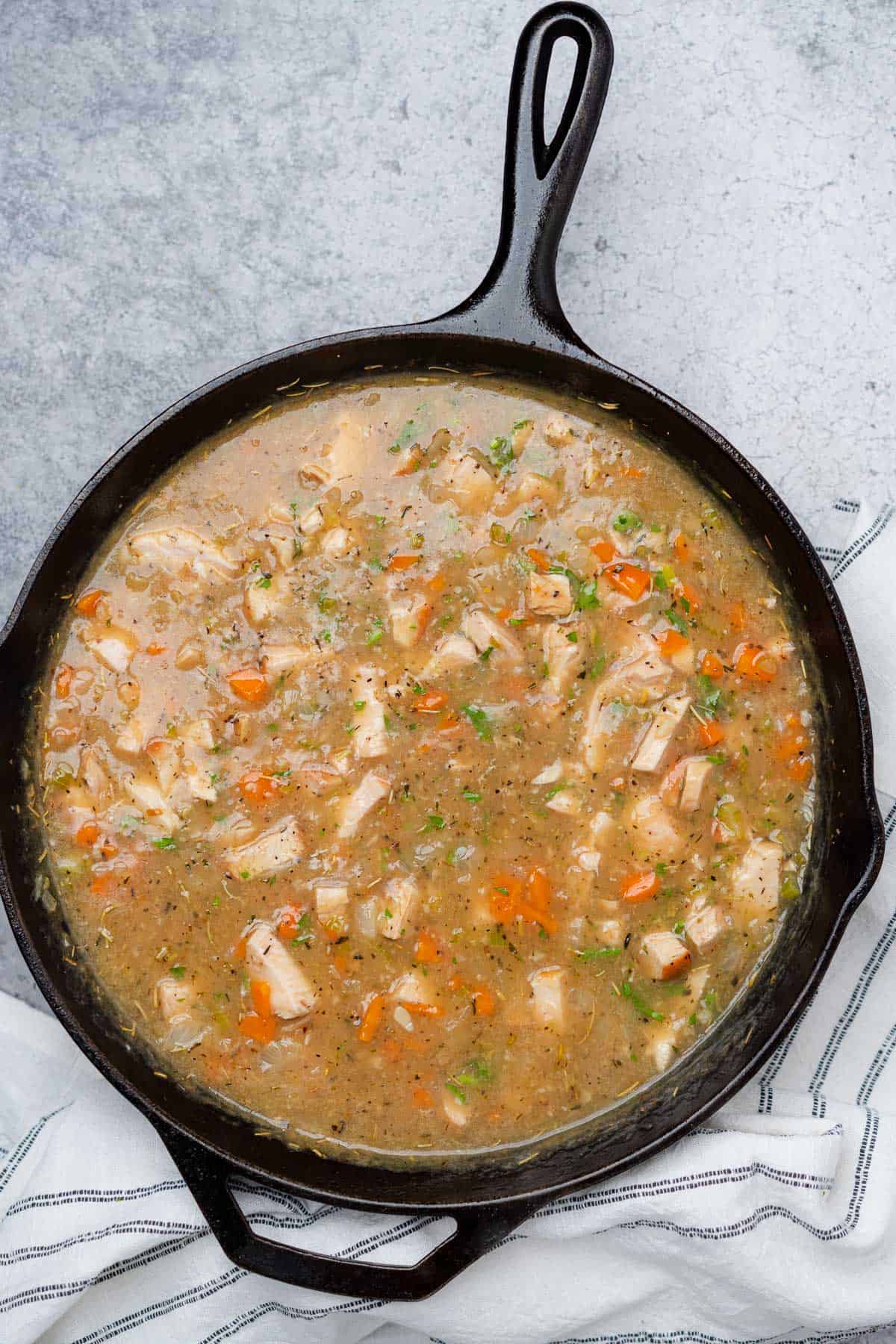 cast iron skillet with chicken soup