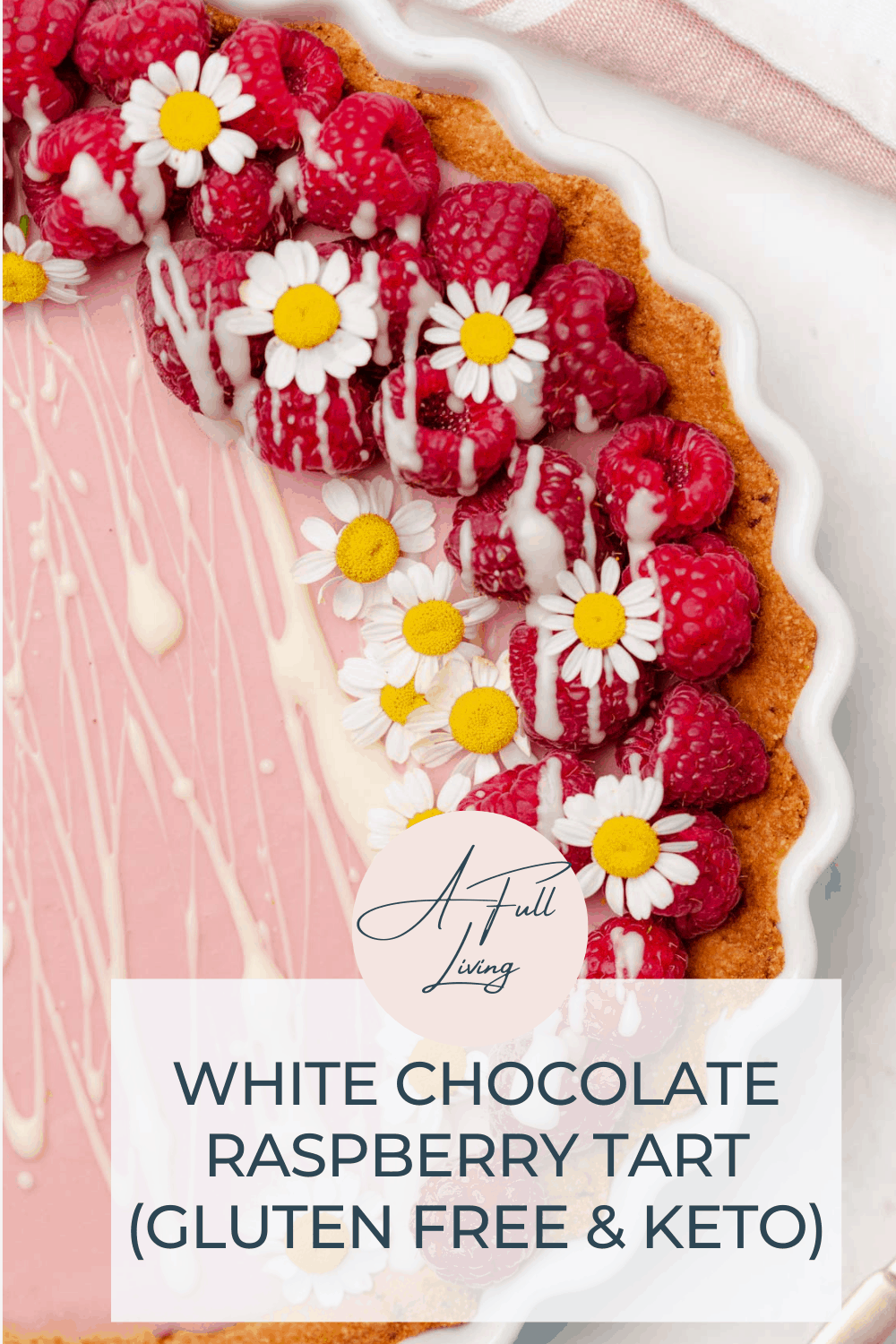 White Chocolate Raspberry Tart - Keto and Gluten Free graphic with text of a photo of the tart with fresh raspberries white chocolate ganache and chamomile flowers