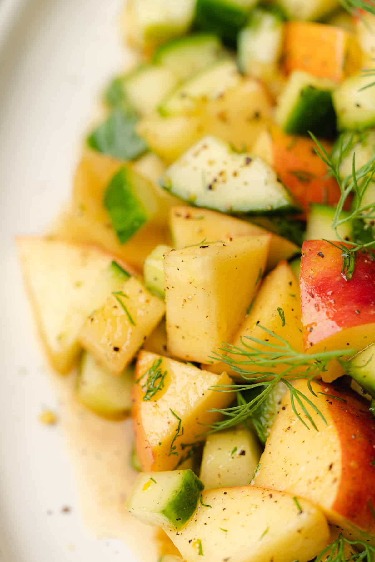 close up shot of apple and cucumber salad with fresh dill pepper and balsamic dressing