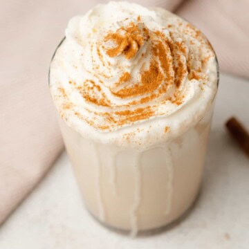45 degree view of cinnamon roll protein shake
