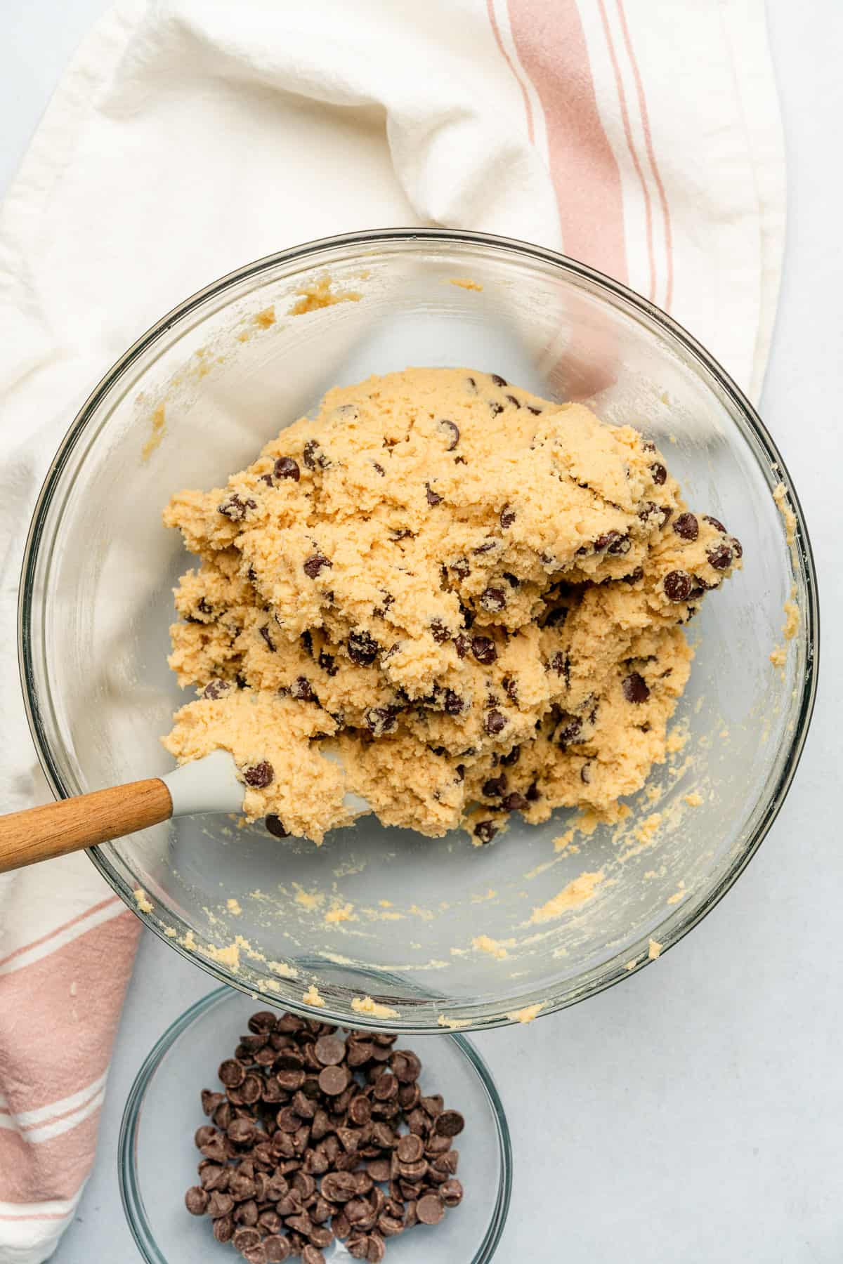 mixed together cookie dough with chocolate chips in a bowl
