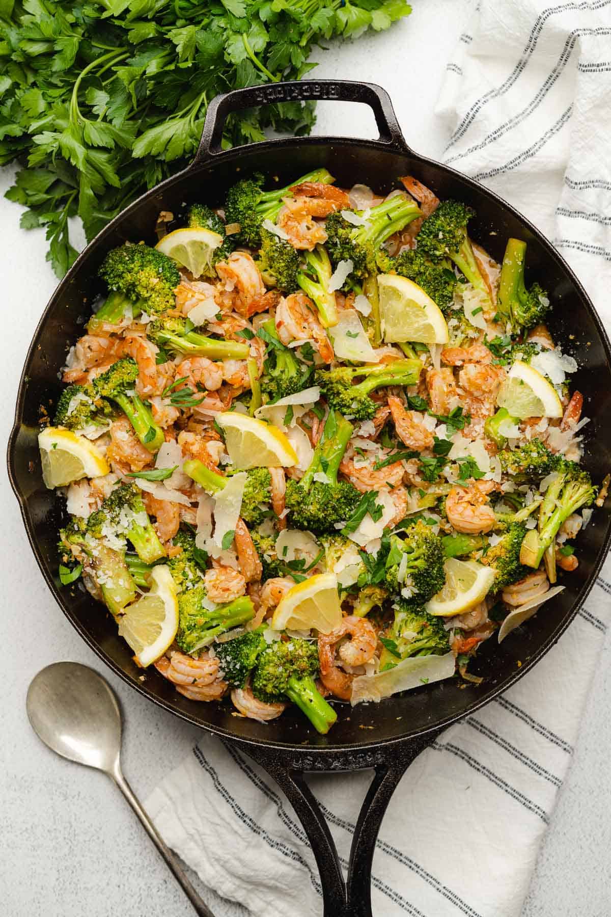 keto shrimp and broccoli skillet with lemon parmesan and herbs