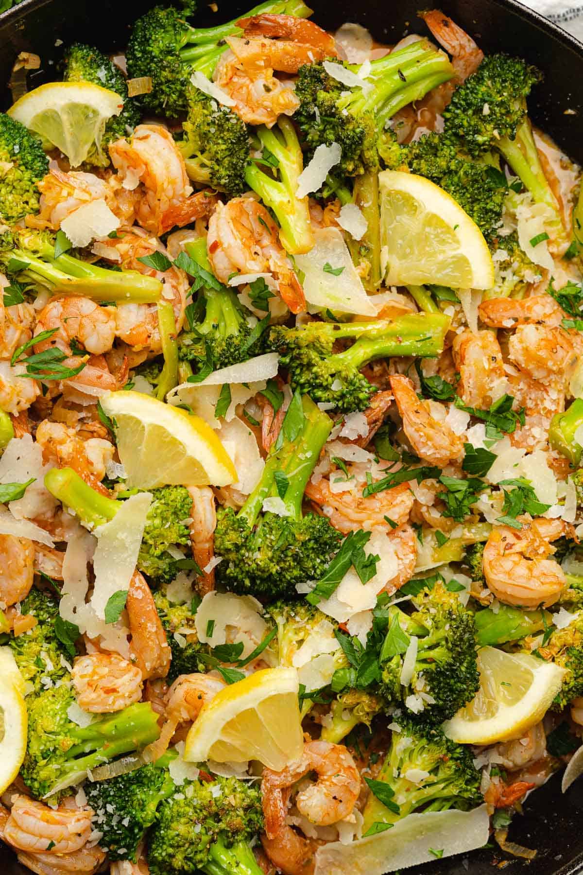 keto shrimp and broccoli skillet with parmesan cheese and lemons