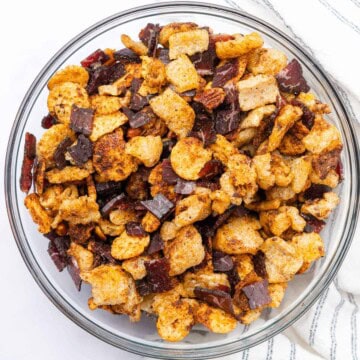 bowl of mixed party snack mix with beef biltong
