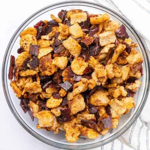 bowl of mixed party snack mix with beef biltong