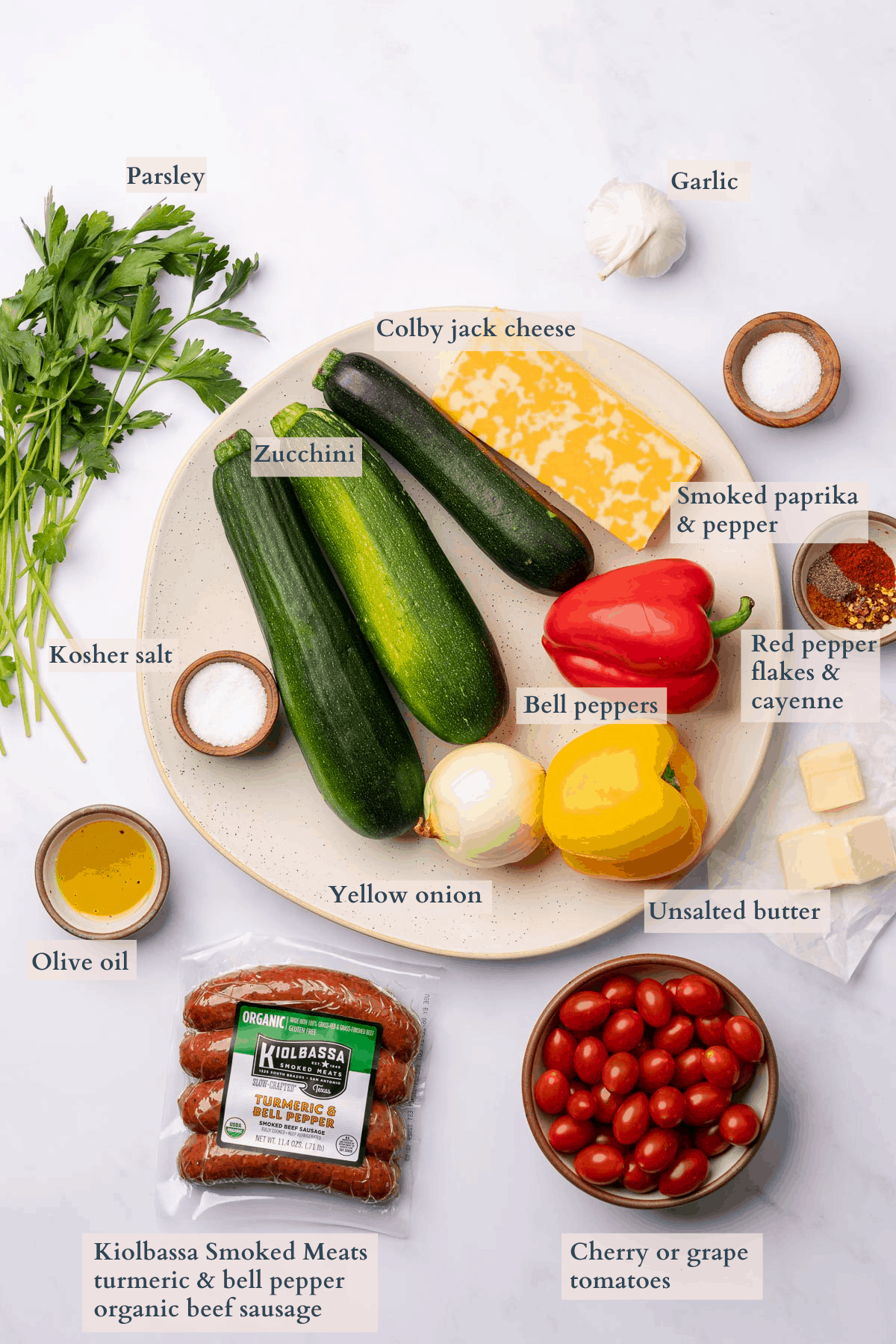 all of the ingredients for baked zucchini noodles casserole in one photo with text to denote the different ingredients