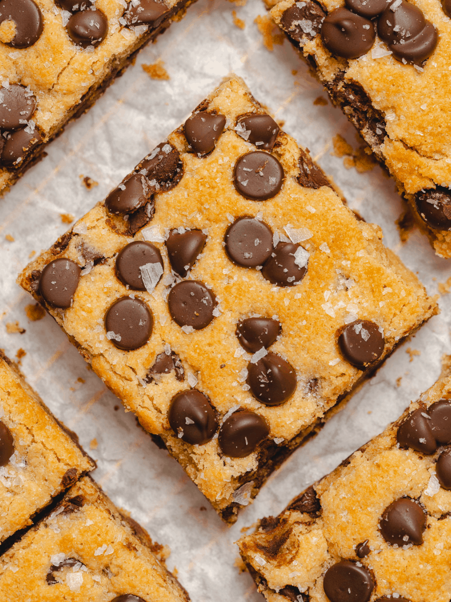 close up shot of keto chocolate chip cookie bars with flakey sea salt