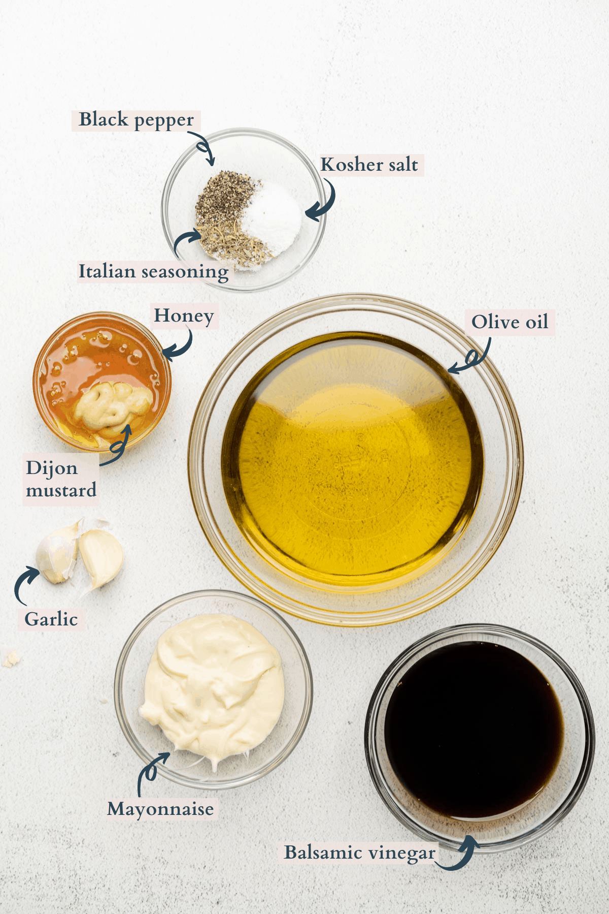 a photo of all the ingredients to make creamy balsamic dressing with text to denote each ingredient