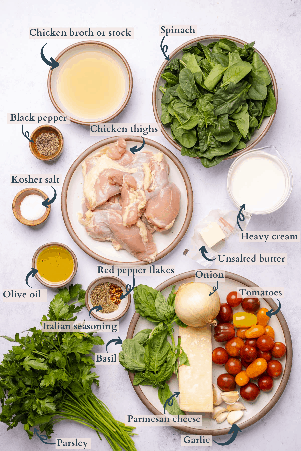 ingredients for creamy keto tuscan chicken with text to denote each ingredient