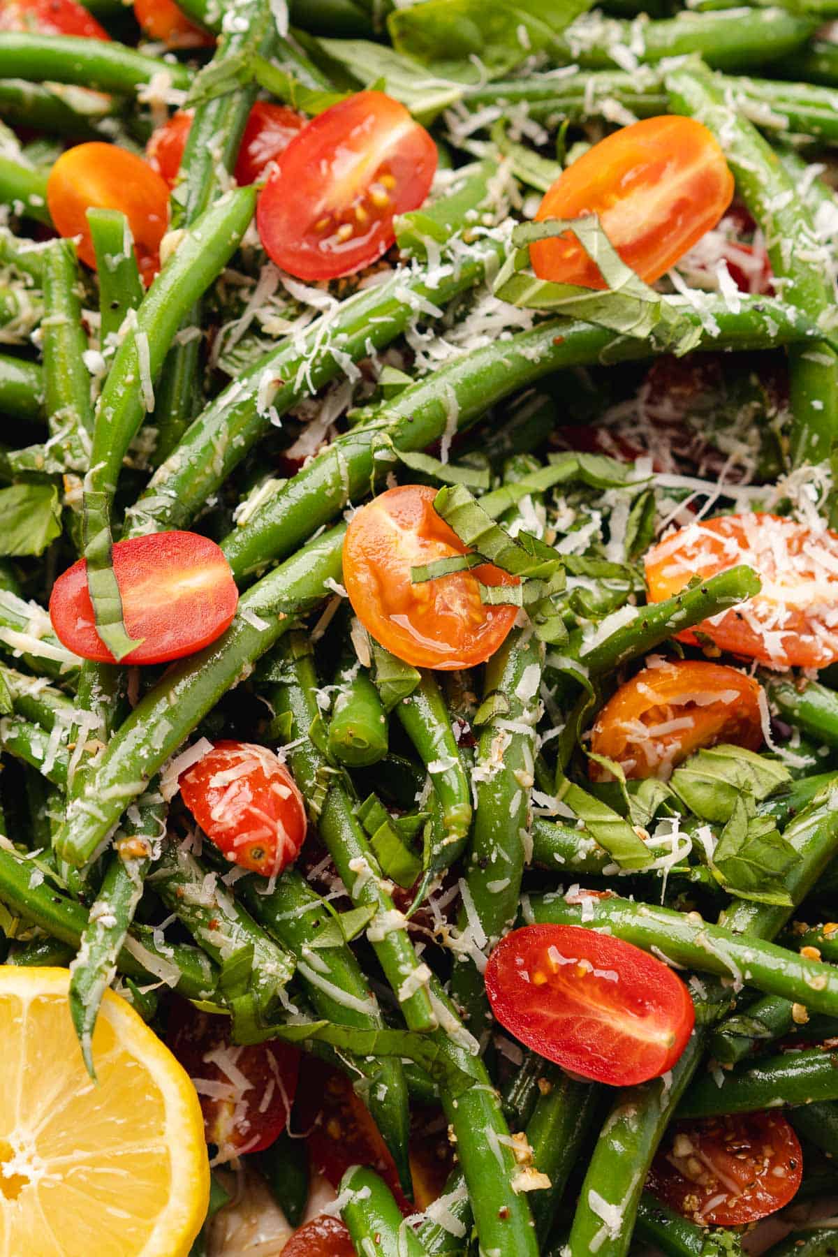 Italian green bean salad with tomatoes, parmesan, basil and lemon