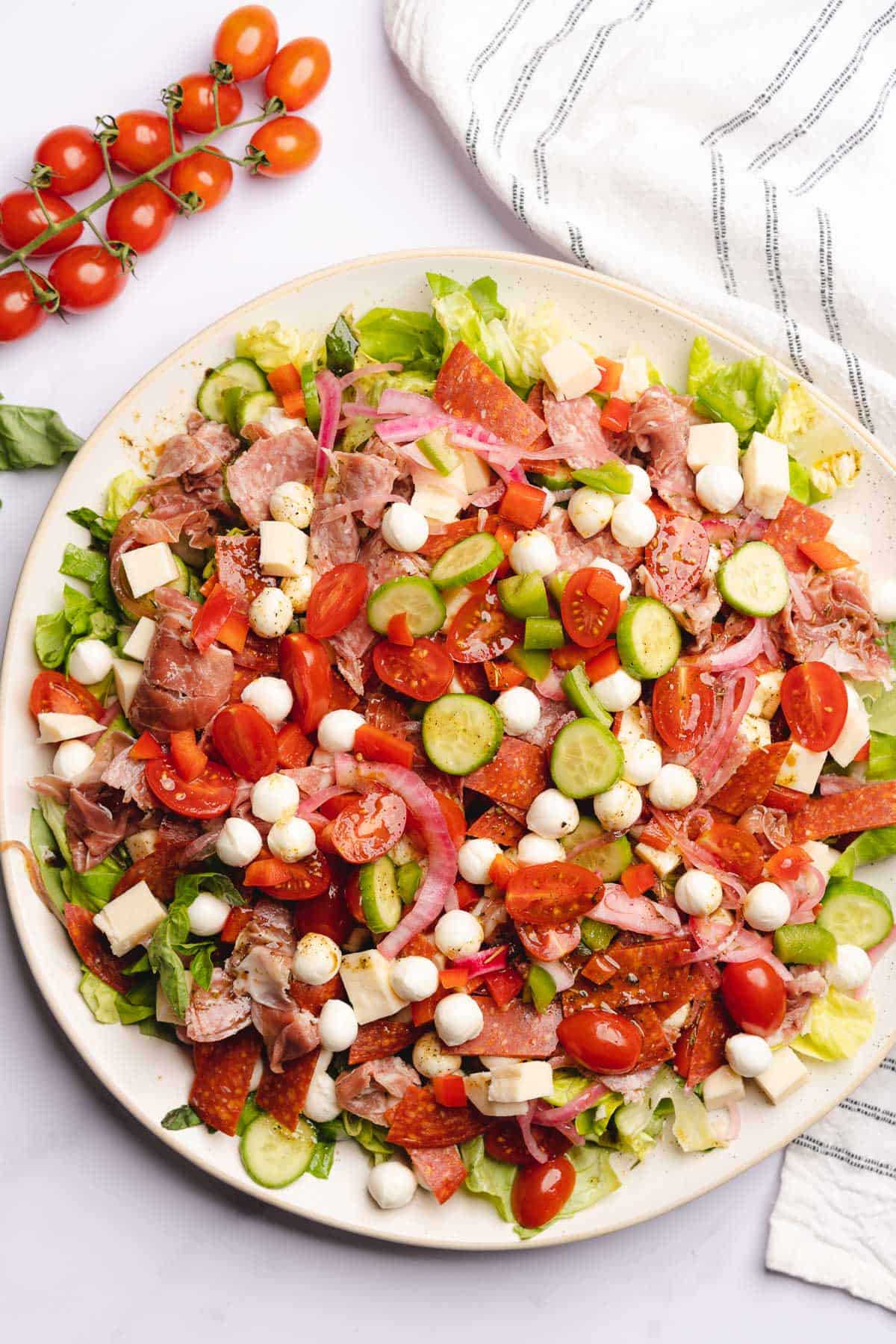 keto antipasto salad with fresh vegetables meats and cheese