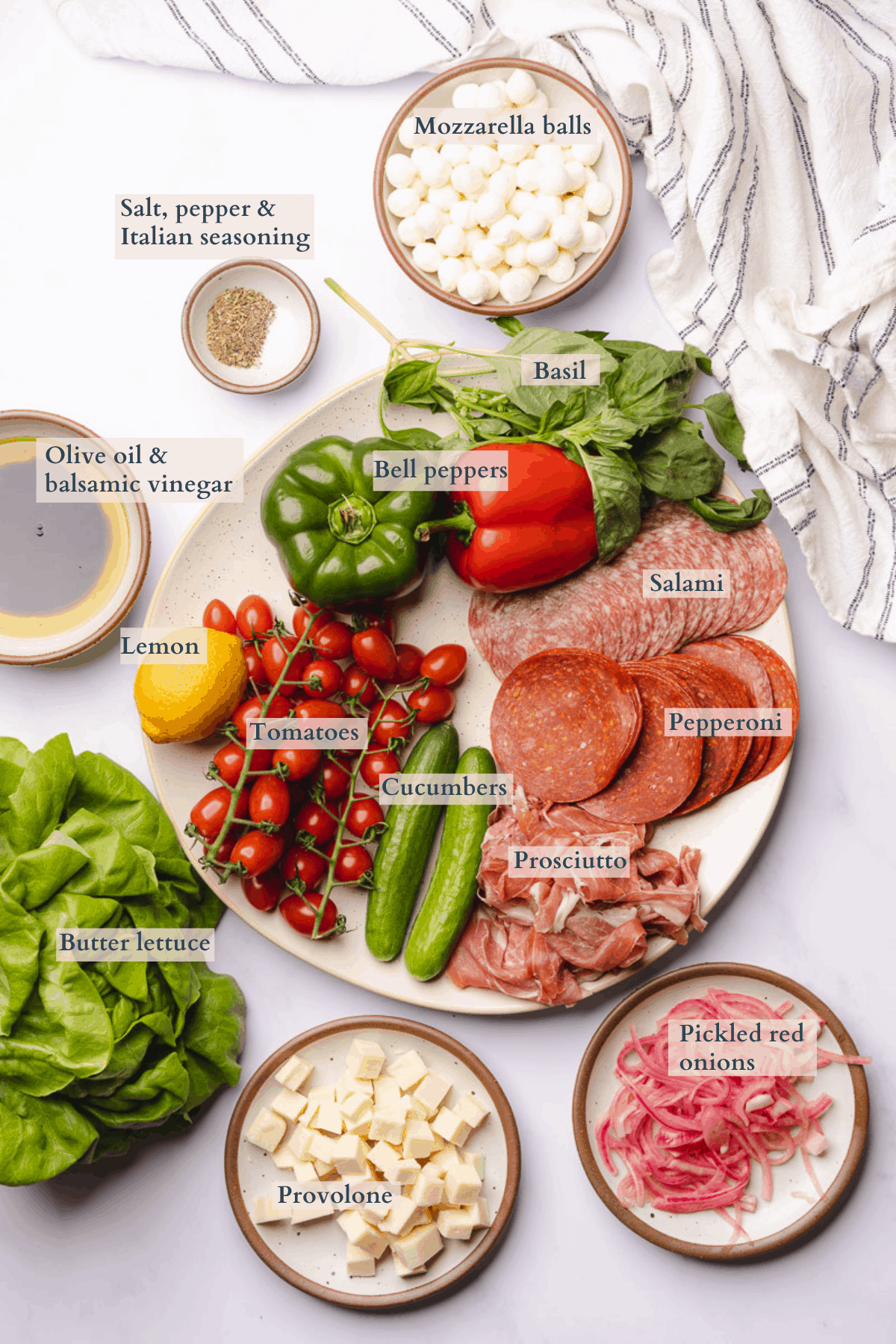 keto italian sub salad ingredients graphic with text to denote the different ingredients