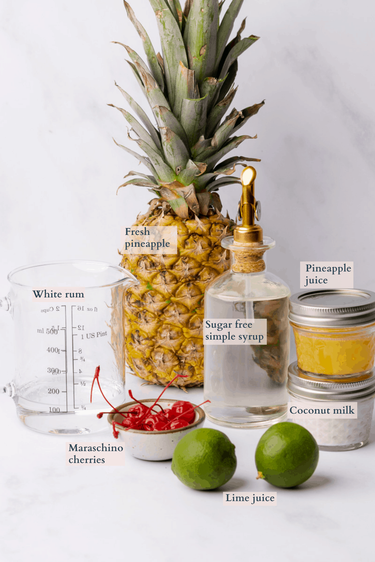 keto pina colada ingredients graphic with text to denote each ingredient