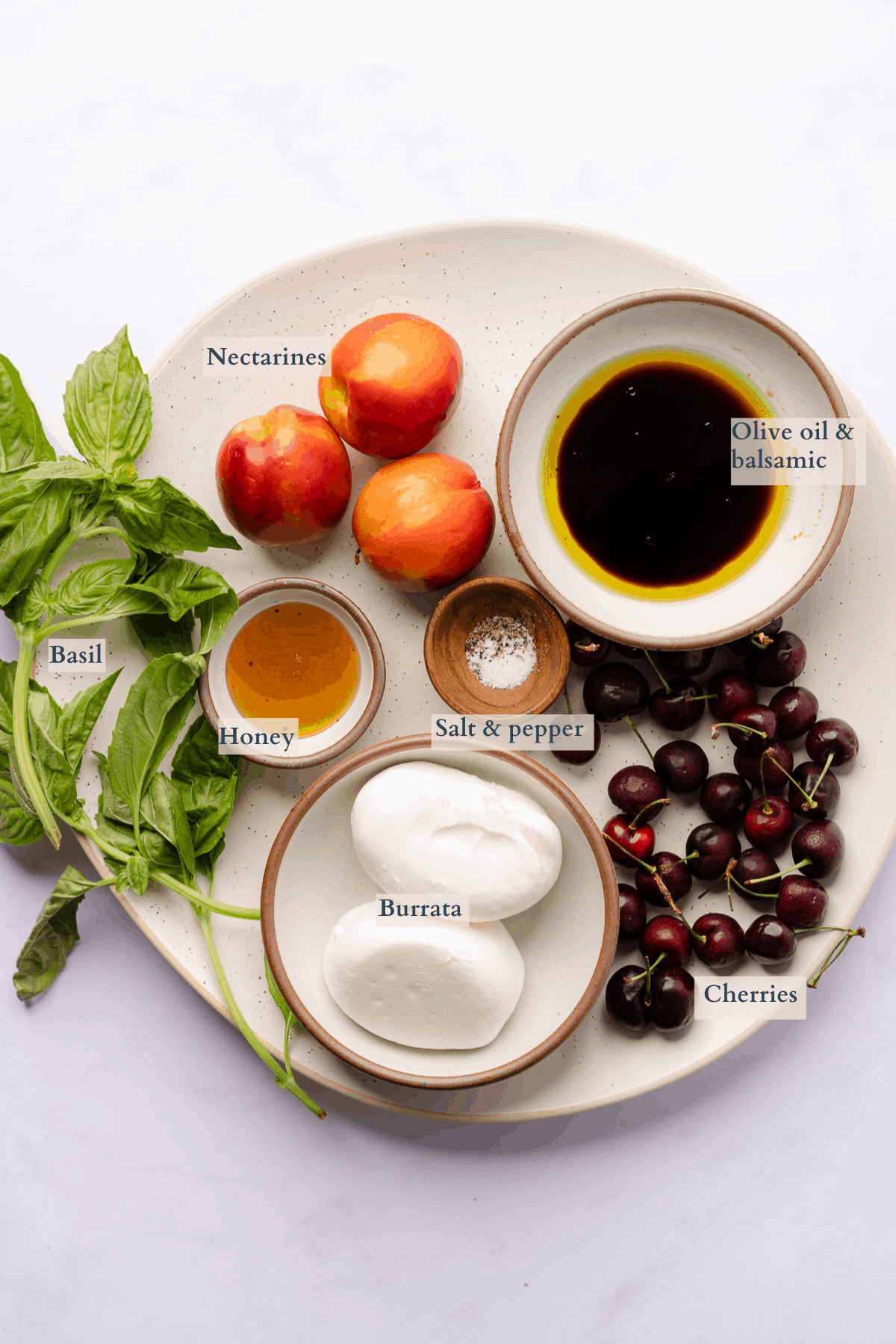 Roasted Nectarines and Cherries with Burrata Ingredients Graphic with text to denote the different ingredients