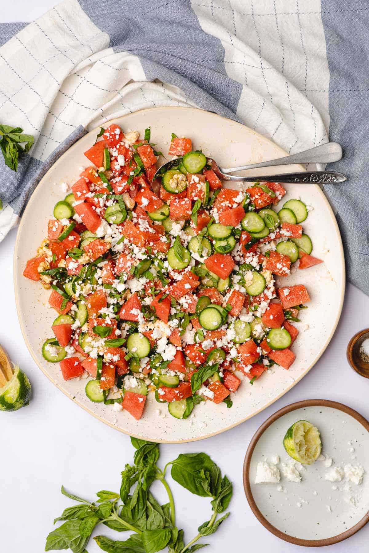 watermelon cucumber salad with feta cheese and lime