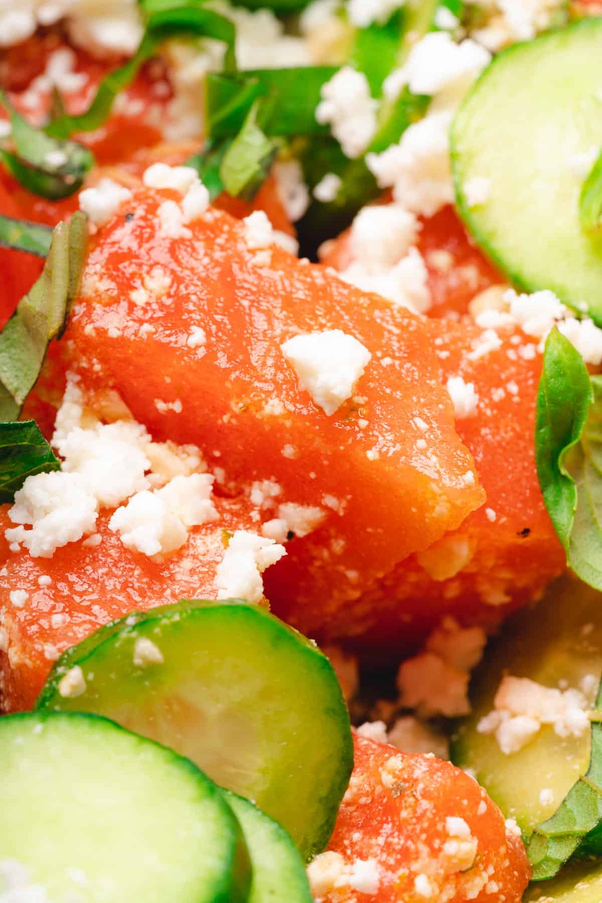 close up detail shot of watermelon with cucumber and feta cheese