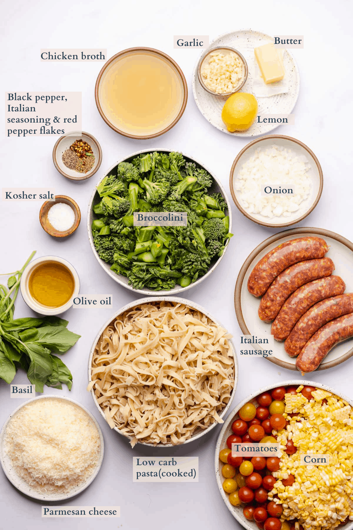 broccolini sausage pasta ingredients with text to denote the different ingredients