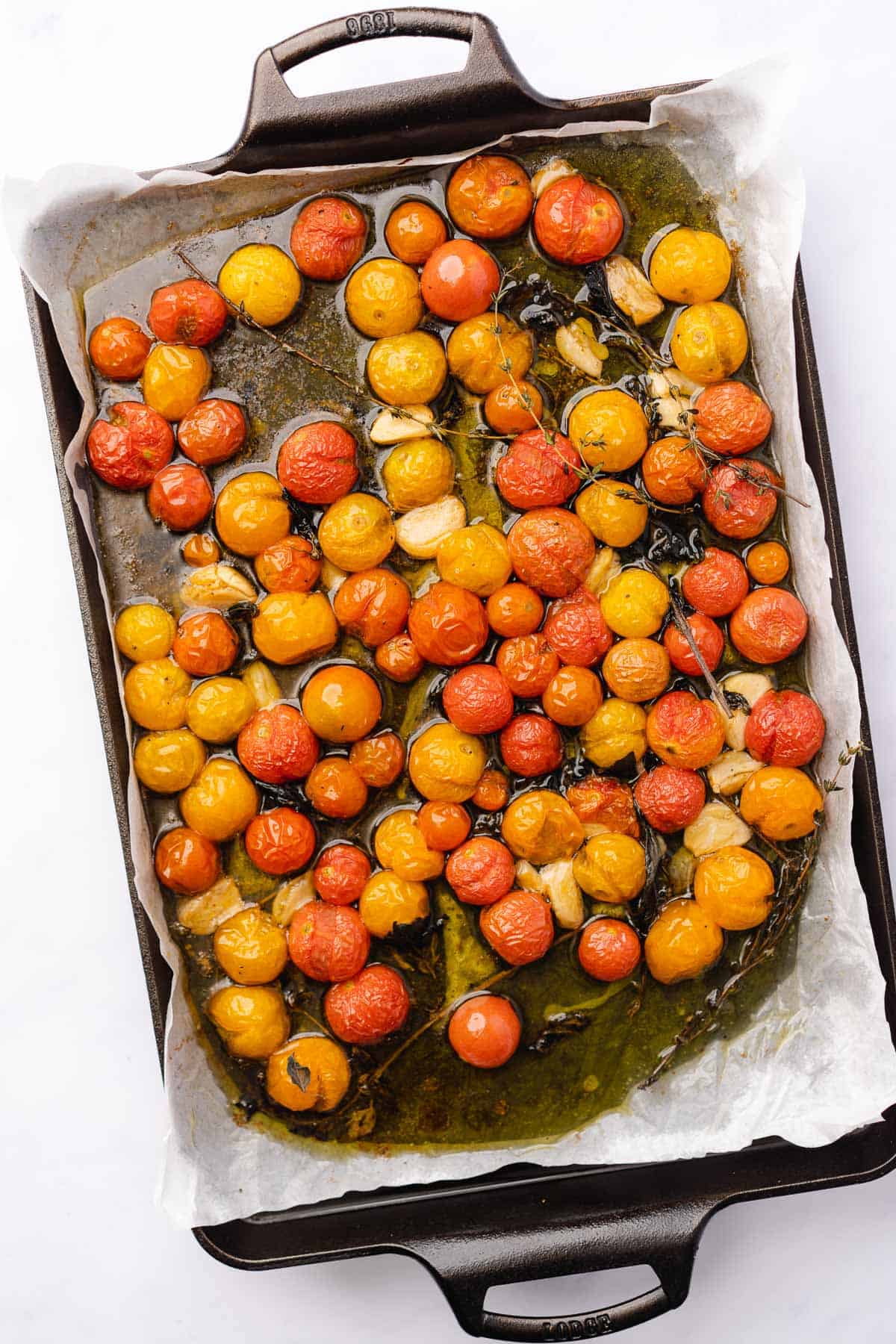 slowly roasted cherry tomatoes and  garlic with herbs