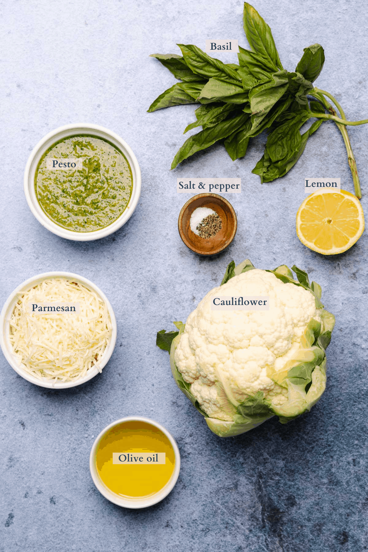 crispy parmesan pesto cauliflower ingredients with text to denote different ingredients