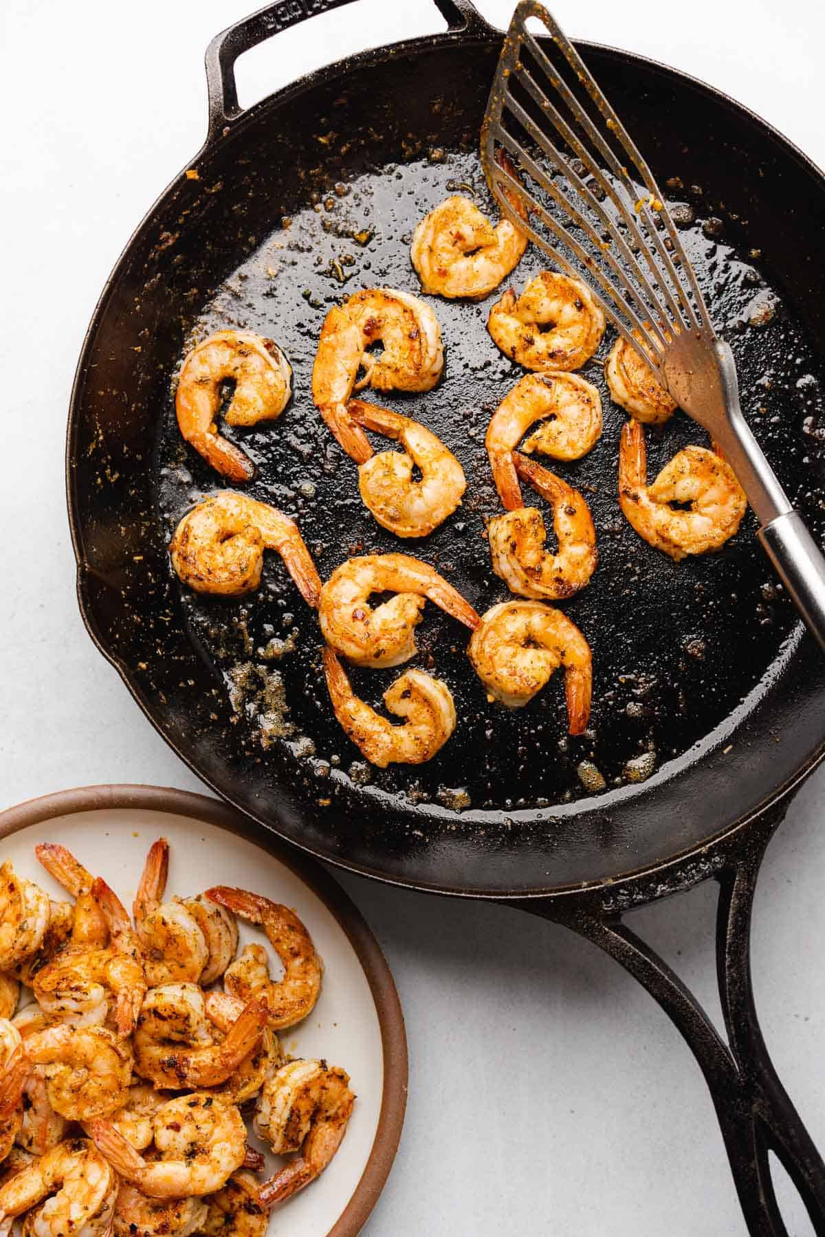 Searing shrimp in a cast iron skillet