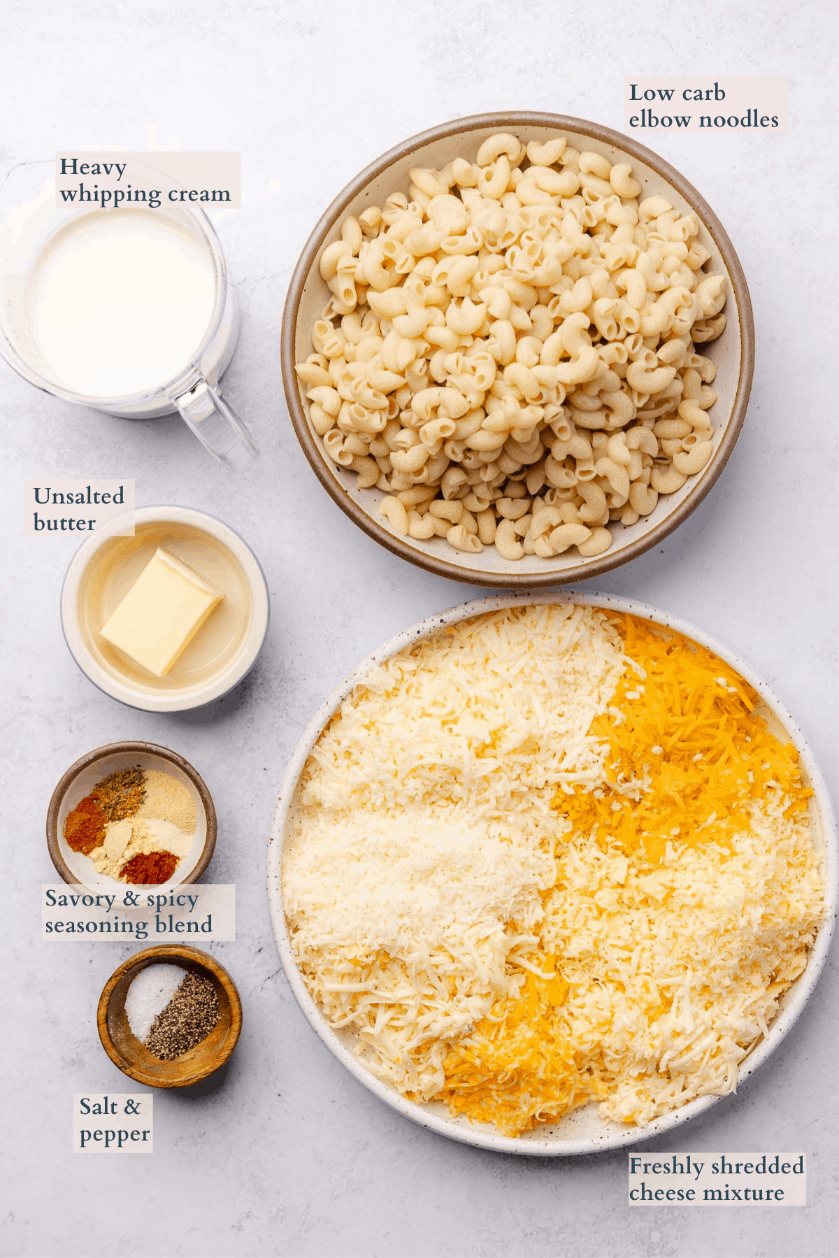 keto baked mac and cheese ingredients graphic with text to denote each ingredient