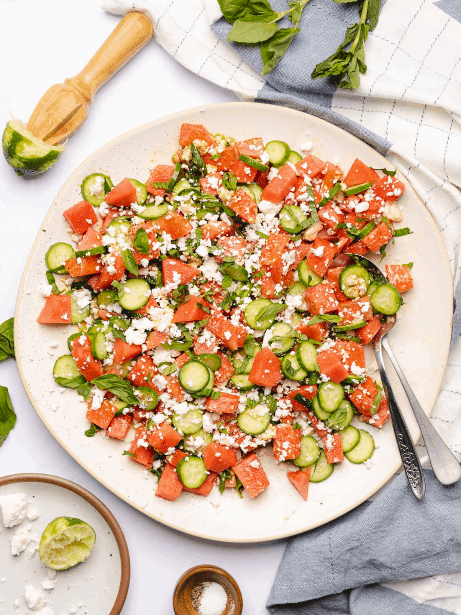 watermelon feta salad with cucumbers herbs and lime dressing