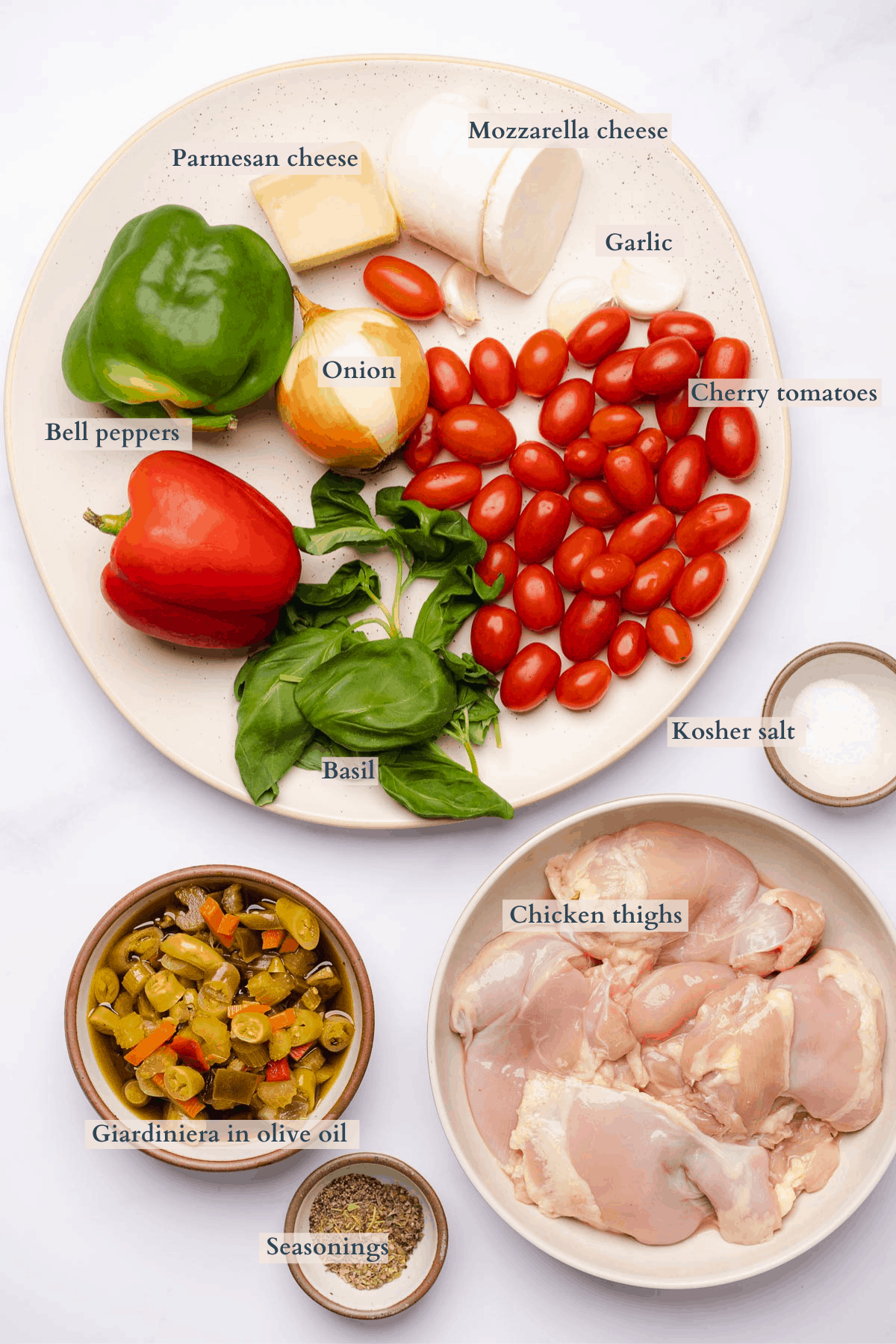 giardiniera chicken skillet ingredients with text to denote different ingredients