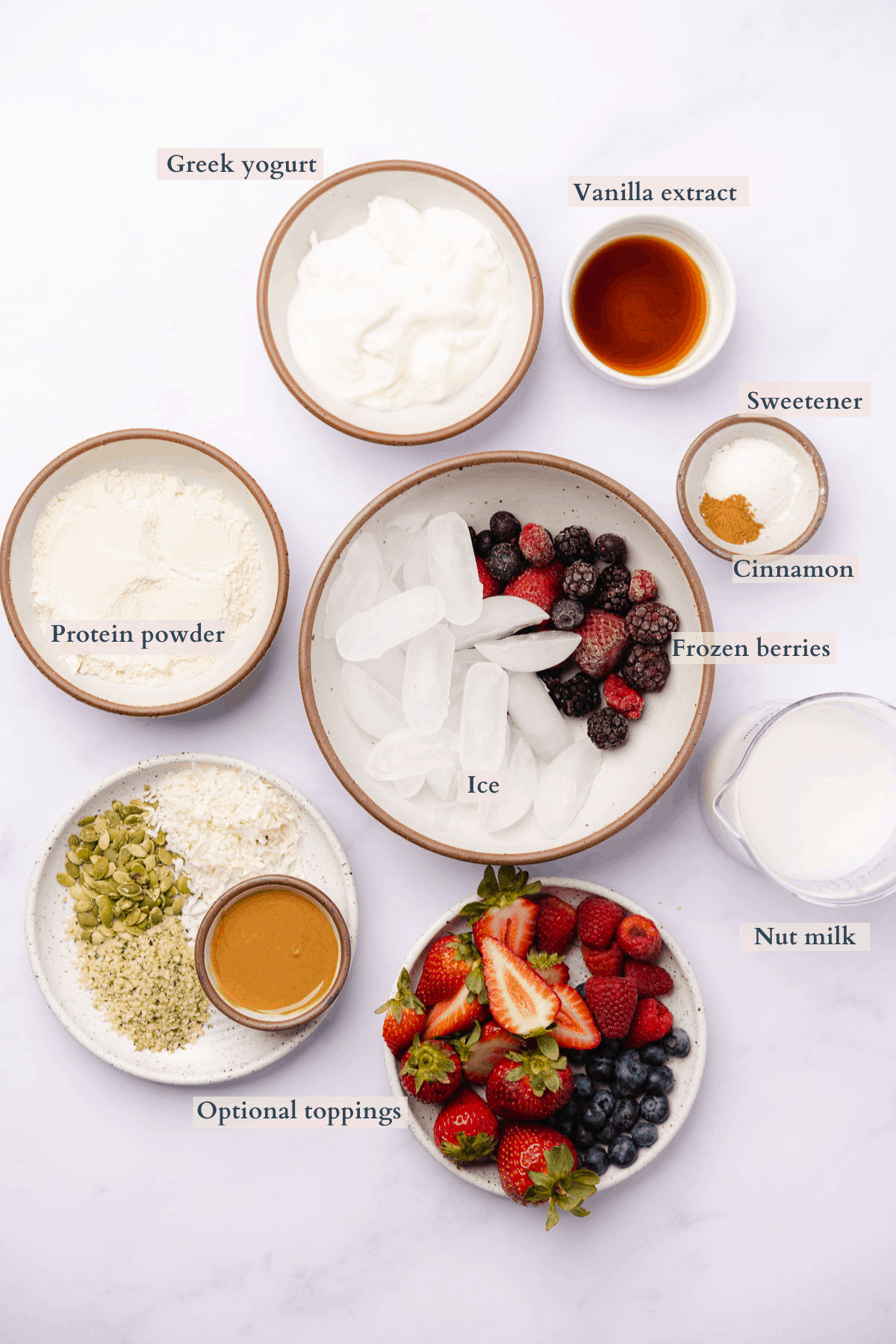 keto berry smoothie ingredients with text to denote the different ingredients 