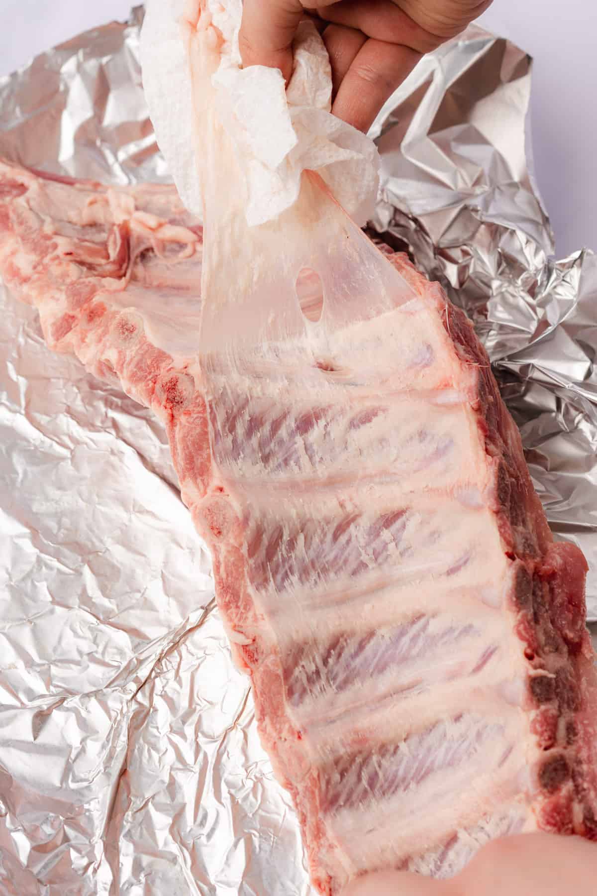 paper towel with thin membrane of pork ribs