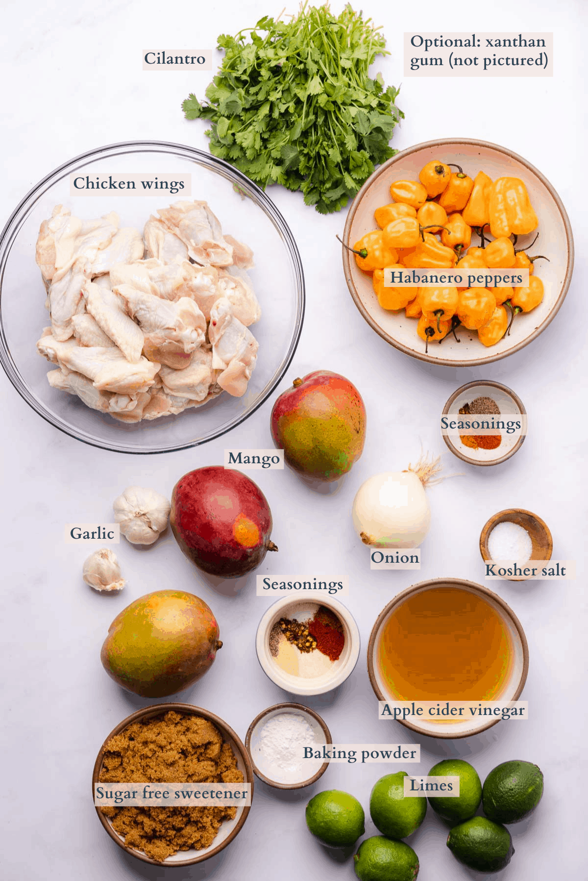 mango habanero chicken wings ingredients graphic with text to denote the different ingredients 