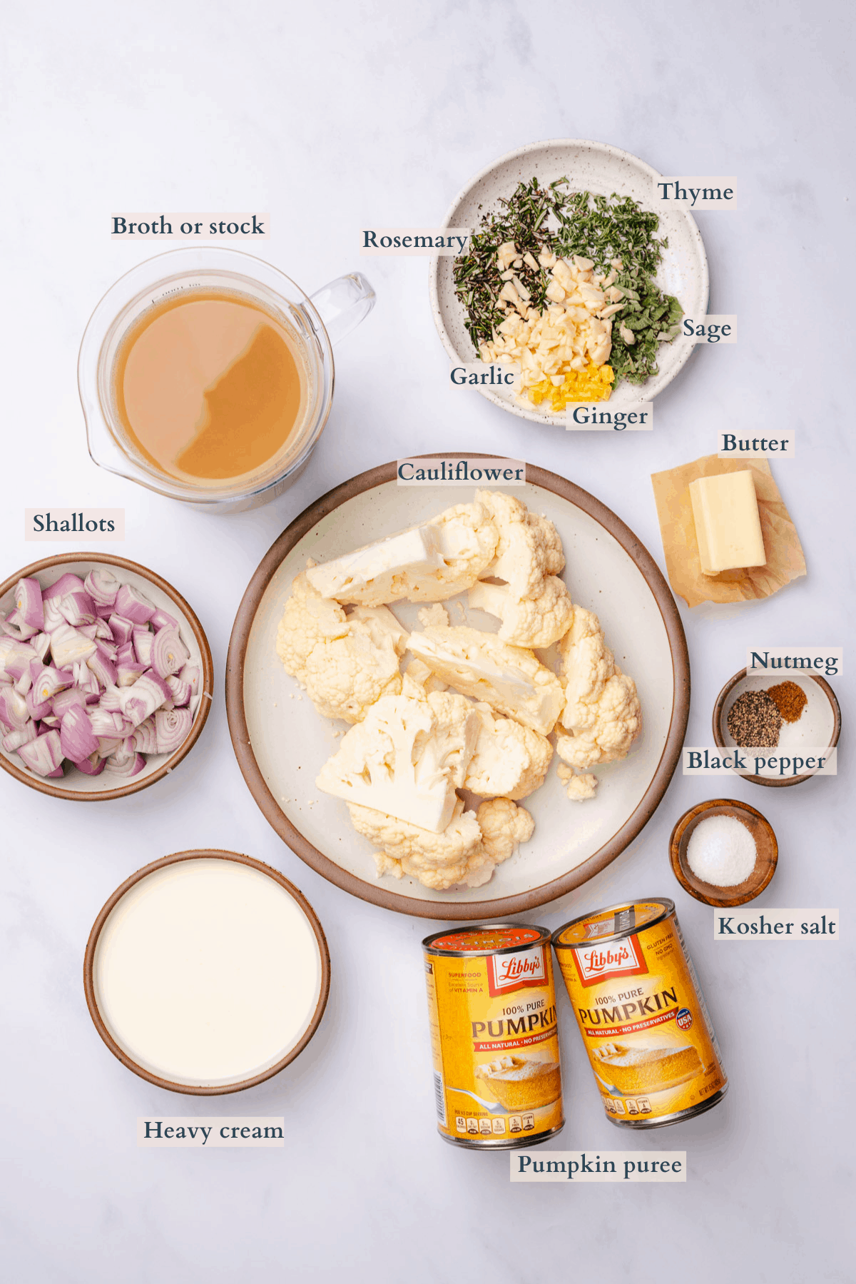 cauliflower and pumpkin soup recipe ingredients graphic with text to denote different ingredients