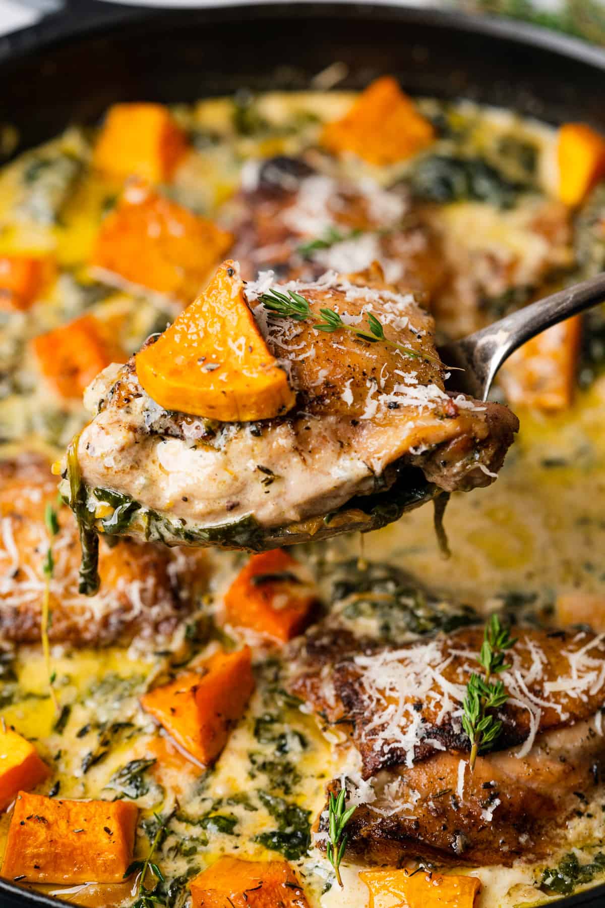 Chicken thigh with parmesan, rosemary, and butternut squash being held in a spoon