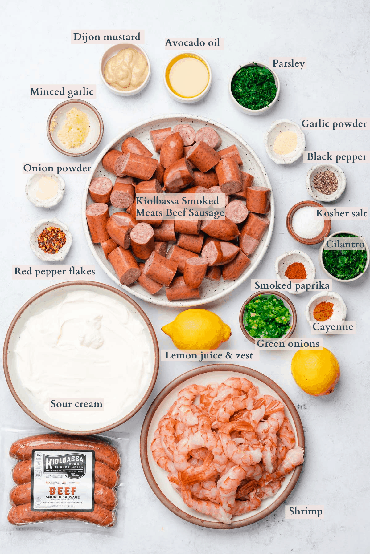 grilled smoke sausage and shrimp skewers ingredients graphic