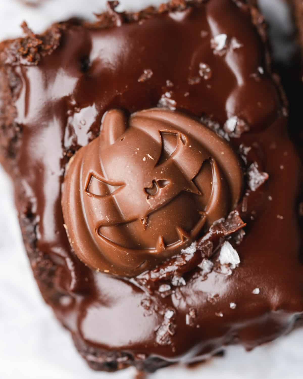cute and spooky jackolantern on top of a rich chocolate brownie