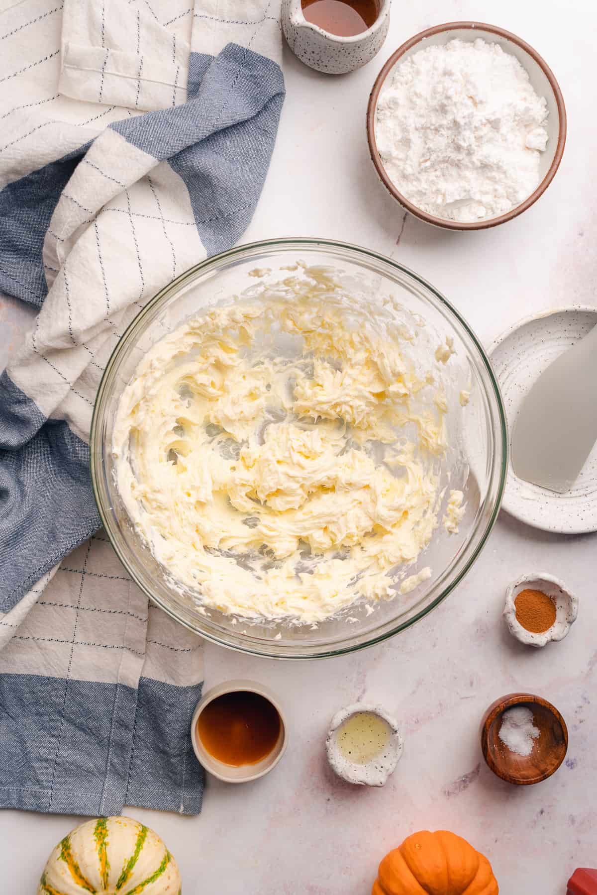 creamed butter and cream cheese in a large bowl