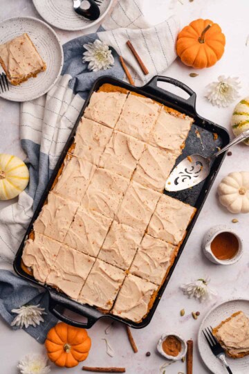 tray of keto pumpkin bars in a lodge cast iron baking pan
