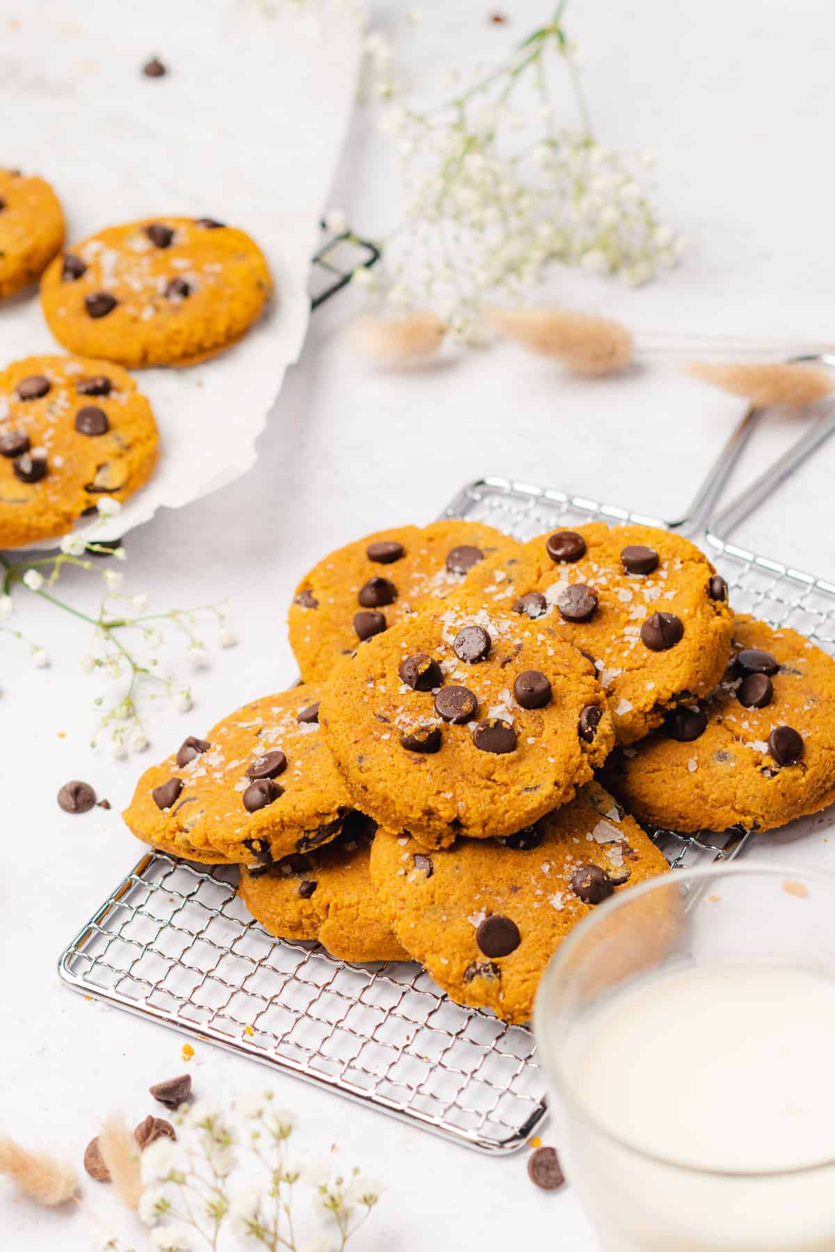 keto pumpkin chocolate chip cookies cooling on a drying rack