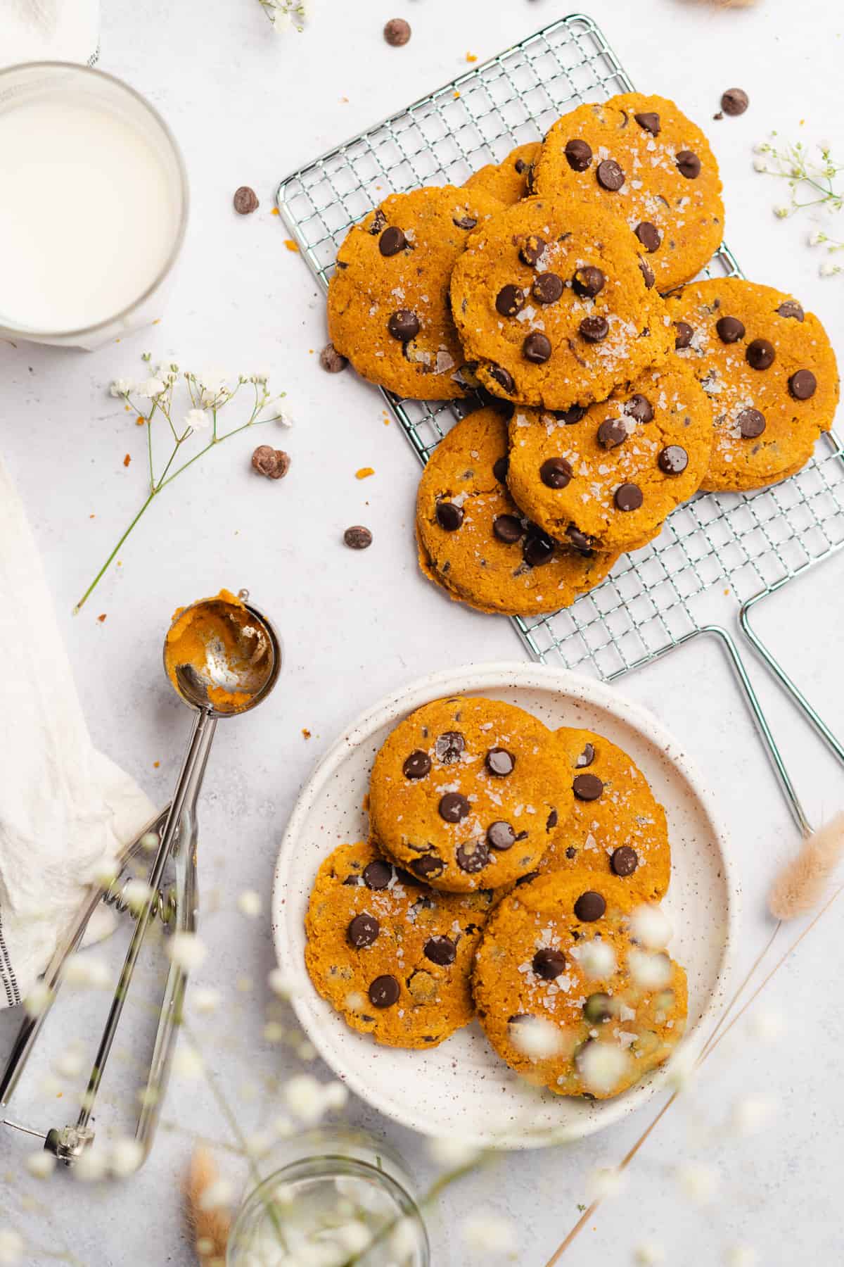 flat lay of gorgeous keto pumpkin chocolate chip cookies with a cookie scooper of pumpkin puree, and white baby's breath flowers 