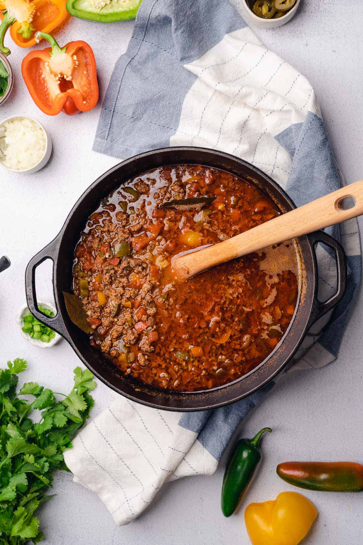beanless chili in a dutch oven