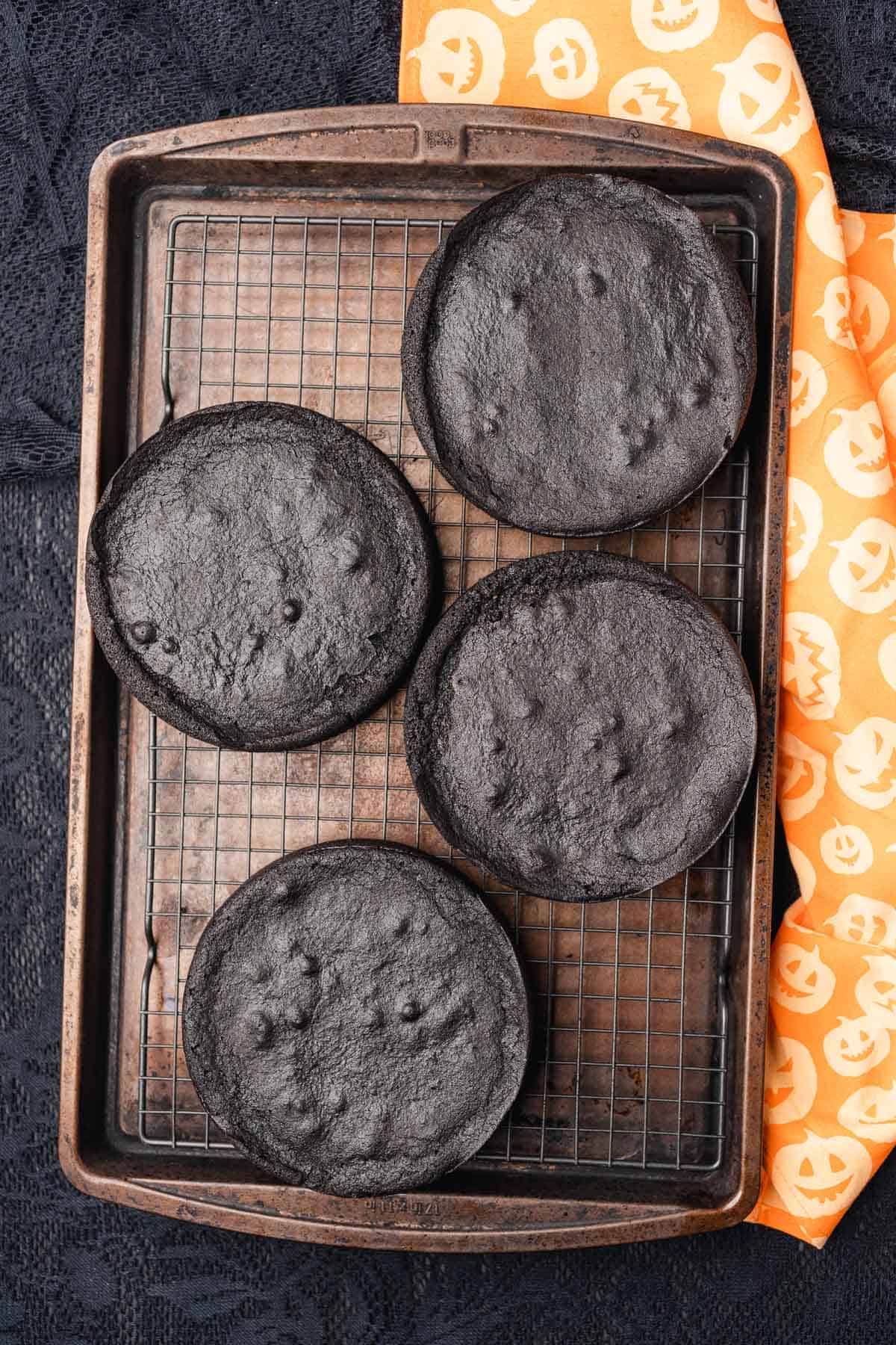 baked dark black chocolate cake layers