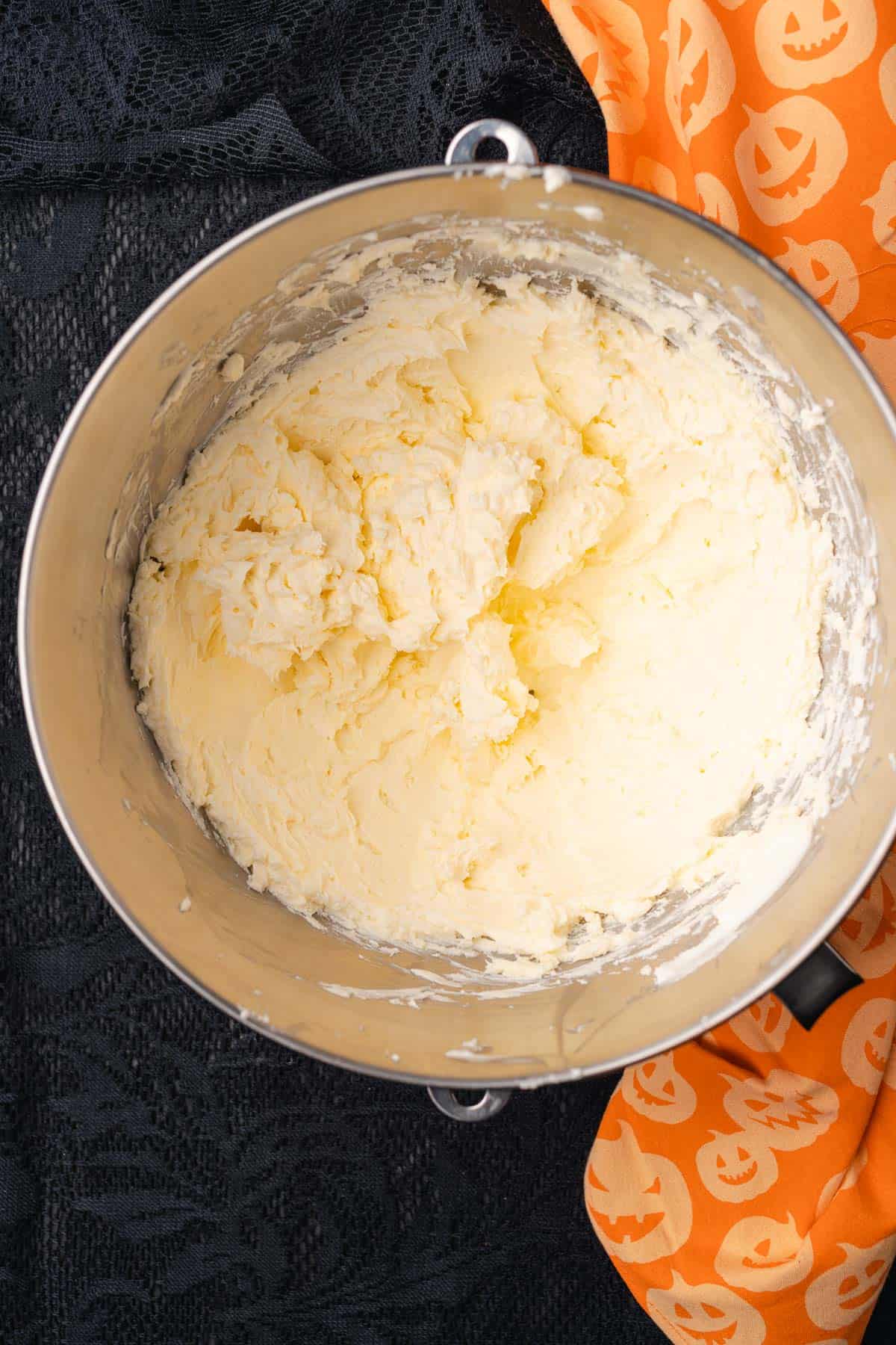 creamed butter and cream cheese in a mixing bowl