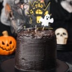 super spooky Black Velvet cake with 4 layers, and spooky Halloween decorations surrounding it