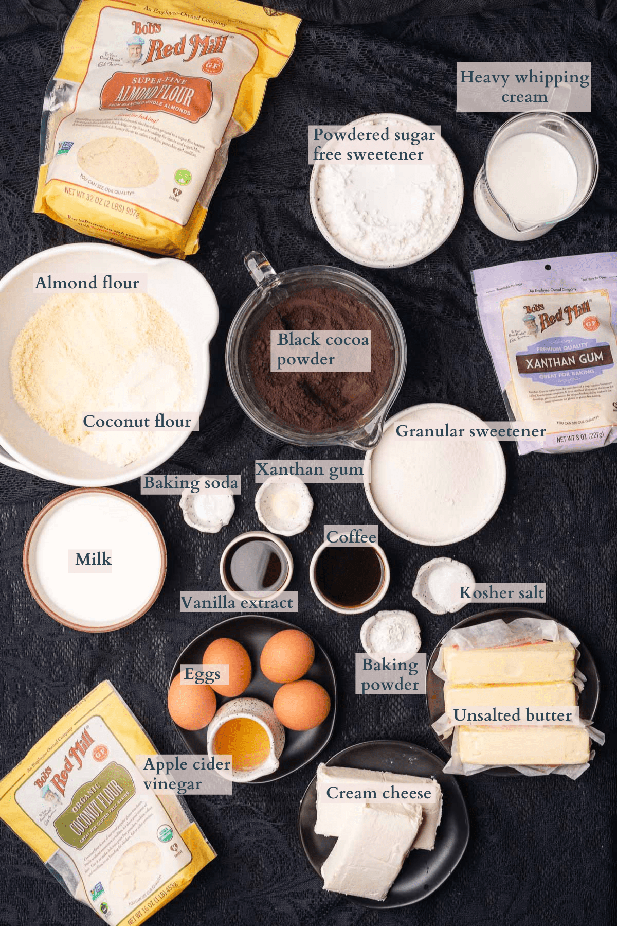 black velvet cake ingredients with text to denote different ingredients