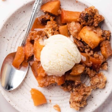 plate of sugar free apple crisp with a scoop of vanilla ice cream