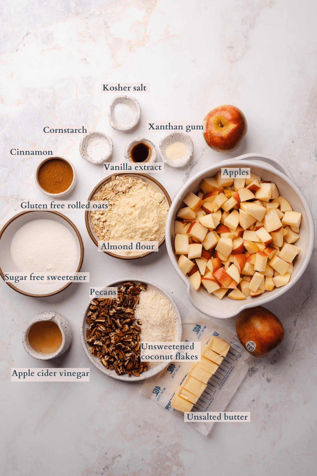 gluten free low carb sugar free apple crisp ingredients with text to denote different ingredients