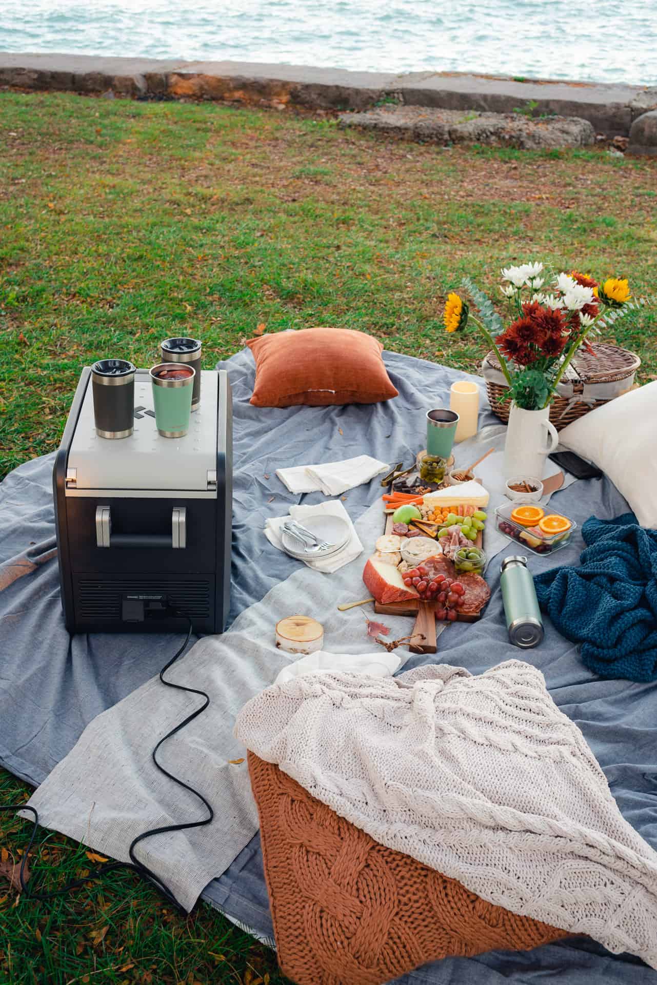 picnic date setup with flowers, a picnic basket, charcuterie board, cozy pillows, blankets and an electric cooler with portable battery at the park facing the water